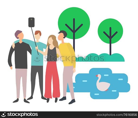 People spending time together vector, man and woman with selfie stick taking photo with swimming duck on pond, lake in park greenery of tree bushes. Friends Taking Selfie with Help of Stick, Nature