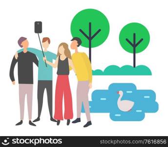People spending time together vector, man and woman with selfie stick taking photo with swimming duck on pond, lake in park greenery of tree bushes. Friends Taking Selfie with Help of Stick, Nature