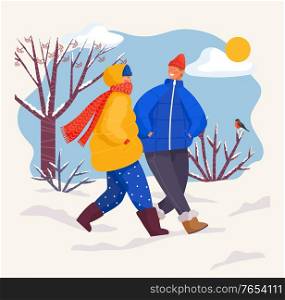 People spending winter weekends together. Couple wearing warm clothes coats and scarves strolling in park with trees and bushes. Snowy landscape, scene and sunshine at sky. Vector in flat style. Man and Woman Wearing Warm Clothes Walking in Park