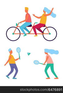 People Sport Activities Riding Bike Playing Tennis. Set of people doing sport activities as riding on tandem bike, playing tennis spending time together vector cartoon style illustrations on white