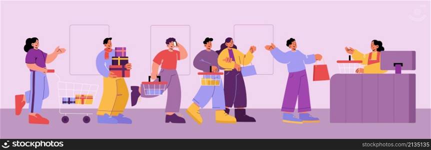 People stand in mall queue. Customers with paper bags and gift boxes waiting turn in line at shop with cashier woman at desk. Sale, shopping buys and purchases, Line art flat vector illustration. People stand in mall queue. Customers in store