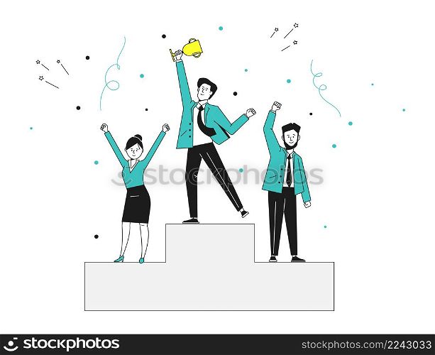 People stand on podium. Ranking competition rewarding. Vector illustration. People stand on podium. Ranking competition rewarding