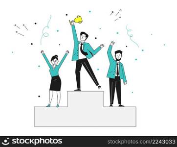 People stand on podium. Ranking competition rewarding. Vector illustration. People stand on podium. Ranking competition rewarding
