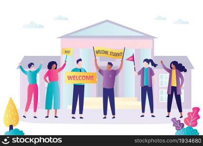 People stand with placards and welcomes freshman. Back to college or university. Group of students stands in front of varsity. Concept of higher education institution, academy.Flat vector illustration. People stand with placards and welcomes freshman. Back to college or university. Group of students stands in front of varsity
