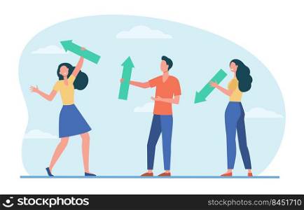 People standing and holding arrows. Sign, up, down flat vector illustration. Direction and growth concept for banner, website design or landing web page