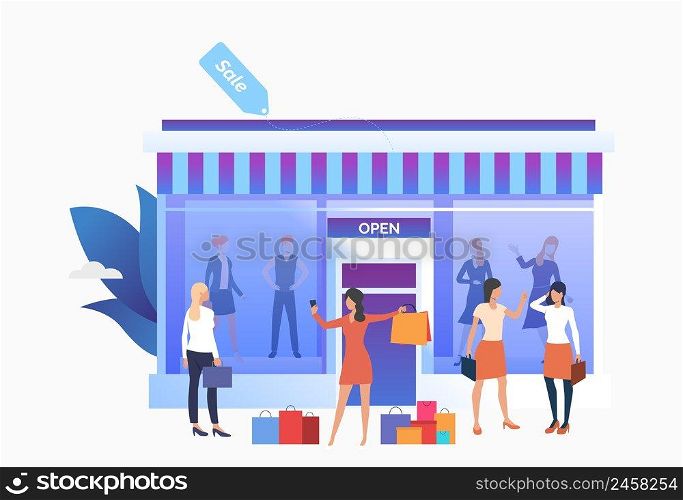 People standing and holding bags near shop front. People choosing and buying clothes in shop. Fashion outlet, boutique concept. Vector illustration can be used for topics like business, shopping, sale