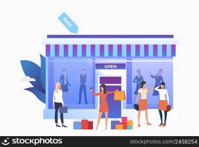 People standing and holding bags near shop front. People choosing and buying clothes in shop. Fashion outlet, boutique concept. Vector illustration can be used for topics like business, shopping, sale