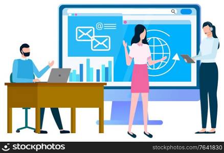 People standing and looking at site with images and diagrams. Website with blue background and icons of mails and planet. Man sitting near table and laptop. Vector illustration in flat style. People Standing near Website with Information