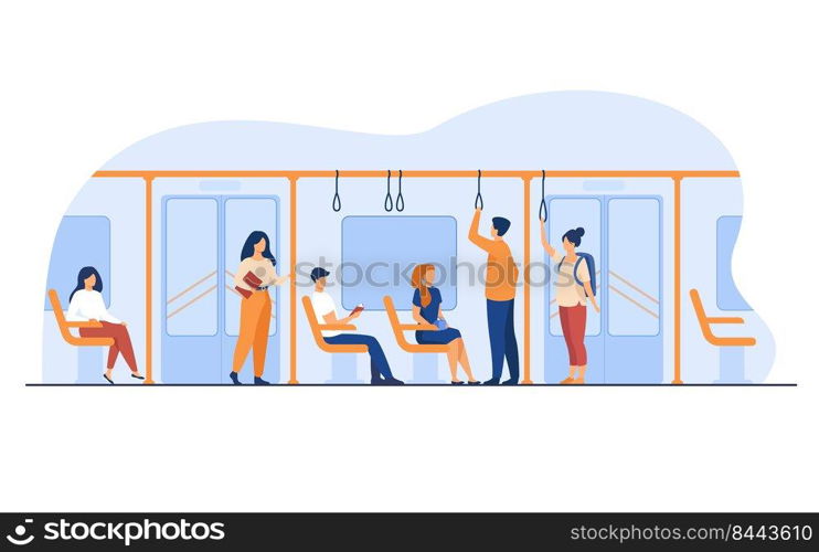 People standing and sitting in bus or metro train isolated flat vector illustration. Cartoon men and women using subway. Destination and public urban transport concept