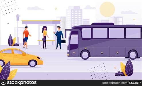 People Standing at Bus Stop Flat Cartoon Vector Illustration. Cartoon Woman and Men Waiting for Public Transport. Transportation around City. Passenger Going to Vehicle. Businessman with Suitcase.. People Standing at Bus Stop Waiting for Transport.