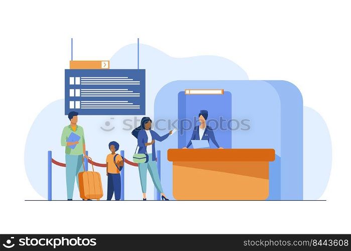 People standing at flight registration counter. Family, baggage, ticket flat vector illustration. Travelling and vacation concept for banner, website design or landing web page