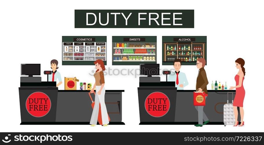 People standing at the counter in duty free store isolated on white. People buying cheap cosmetics, alcohol and food, Tax free, Vector flat illustration