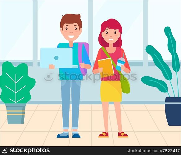 People standing in classroom vector, boy and girl holding educational tools. Book and laptop helping to get prepared for exams and classes lessons. Back to school concept. Flat cartoon. Students Holding Books and Laptops, Youth Boy Girl
