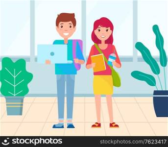 People standing in classroom vector, boy and girl holding educational tools. Book and laptop helping to get prepared for exams and classes lessons. Back to school concept. Flat cartoon. Students Holding Books and Laptops, Youth Boy Girl