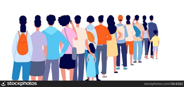 People standing in line. Isolated crowd, queue group back stand. Person wait shopping, airport registration or ticket utter vector concept. People line queue, crowd stay in row illustration. People standing in line. Isolated crowd, queue group back stand. Person wait shopping, airport registration or ticket utter vector concept