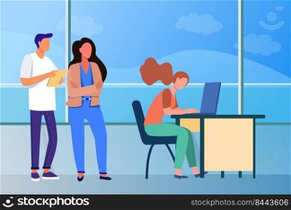 People standing in line to use laptop computer. Window, desk, job flat vector illustration. Communication and digital technology concept for banner, website design or landing web page