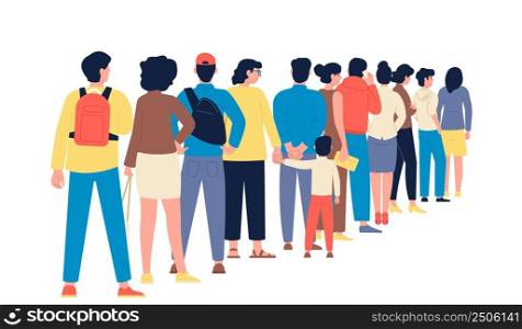 People standing in line. Worker queue, crowd waiting to entrance. Person group, women, men and child. Flat customers or travellers together, vector concept. Illustration of queue standing to cashier. People standing in line. Worker queue, crowd waiting to entrance. Person group, women, men and child. Flat customers or travellers together, recent vector concept