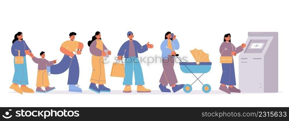 People standing in queue at ATM. Vector flat illustration of bank automated teller machine and characters waiting in long line. Woman with baby carriage, kid and hurry man queuing at bankomat. People standing in queue at ATM