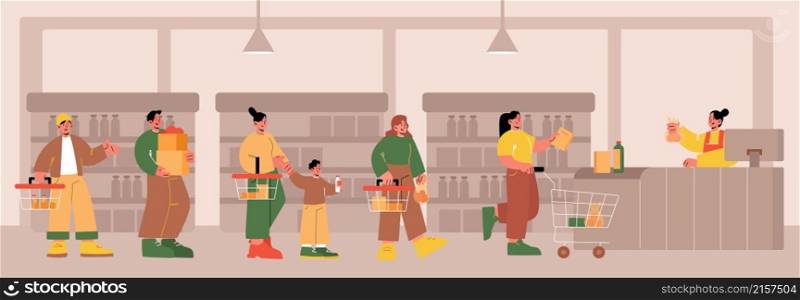 People standing in queue in supermarket. Customers waiting in long line to checkout counter in store. Vector flat illustration of market with cashier and shoppers with shopping baskets and cart. People standing in queue in supermarket