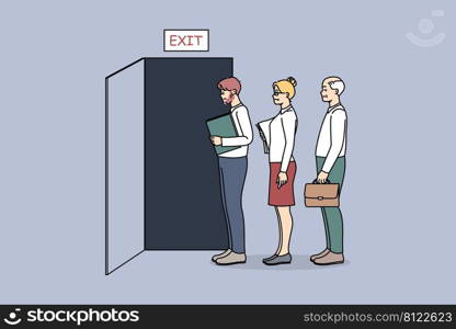 People standing in queue to exit made leaving jobs in office. Diverse employees in line to doors quitting workplace. Resignation and dismissal, workers firing. Vector illustration. . Employee in line to exit quitting jobs