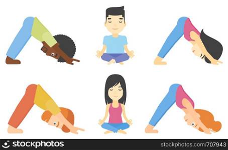 People standing in yoga downward facing dog pose. Woman meditating in yoga lotus pose. Man doing yoga. Woman practicing yoga. Set of vector flat design illustrations isolated on white background.. Vector set of men and women practicing yoga.