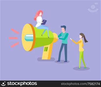 People standing near loudspeaker, portrait view of workers. Woman sitting on megaphone, hand-held cone shaped acoustic horn to amplify voice vector. People Standing near Loudspeaker, Megaphone Vector