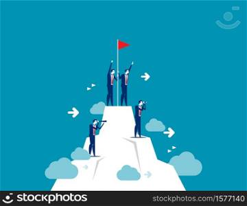 People standing on mountain peak with winner flag. Concept business vector illustration, Success Teamwork, Consulting, Looking and Searching.. People standing on mountain peak with winner flag. Concept business vector illustration, Success Teamwork, Consulting, Looking and Searching.