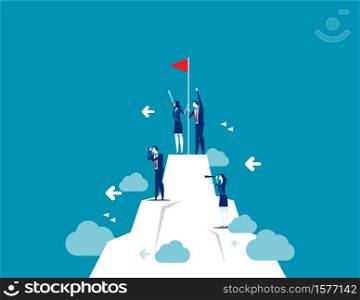 People standing on mountain peak with winner flag. Concept business vector illustration, Success Teamwork, Consulting, Looking and Searching.. People standing on mountain peak with winner flag. Concept business vector illustration, Success Teamwork, Consulting, Looking and Searching.