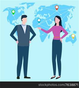 People standing together and speaking with each other. Man and woman doing business and making deals in international corporation. Worldwide map on background. Vector illustration flat style. People Standing Together and Talking Worldwide map