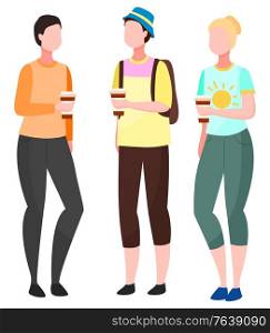 People standing together and talking, illustration. Guy in hat with backpack vector, woman in shirt with sun. Friends meeting, gathering for communication. Women and man drinking coffee, flat style. People Stand Together, Gathering for Communication
