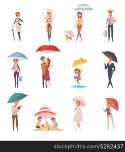 People Standing Under Umbrella. Adults people and children standing under umbrella of different shape and size decorative icons set flat vector illustration
