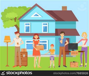 People standing with goods on yard of house, garage sale. Man and woman selling tv and videogame device, nightstand and lamp, neighborhood vector. Garage Sale of Neighbors, Goods in Box Vector