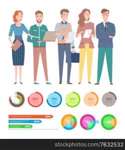 People standing with papers and laptop, round charts and graph presentation, statistic report. Workers character and diagrams with numbers. Vector illustration in flat cartoon style. Workers Character, Diagrams and Charts Vector