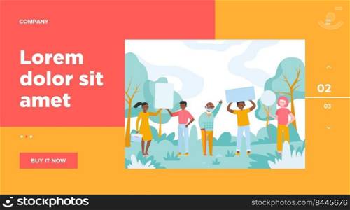 People standing with placards in park. Protest, banner, opinion flat vector illustration. Democracy and social position concept for banner, website design or landing web page