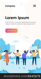 People standing with placards in park. Protest, banner, opinion flat vector illustration. Democracy and social position concept for banner, website design or landing web page