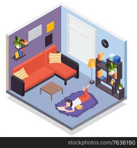 People staying home distant work hobbies leisure isometric composition with girl reading on floor rug vector illustration