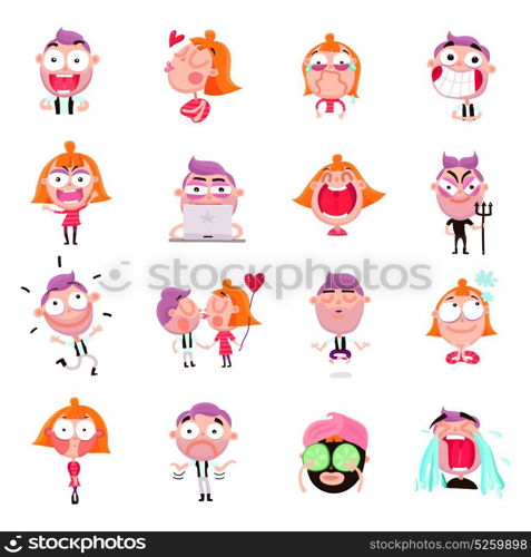 People Stickers Set. Cartoon set of funny male and female people expressing various emotions isolated on white background vector illustration