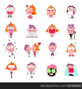 People Stickers Set. Cartoon set of funny male and female people expressing various emotions isolated on white background vector illustration