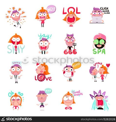 People Stickers Set. Funny people expressing various emotions with speech bubbles cartoon set isolated on white background vector illustration