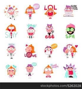 People Stickers Set. Funny people expressing various emotions with speech bubbles cartoon set isolated on white background vector illustration