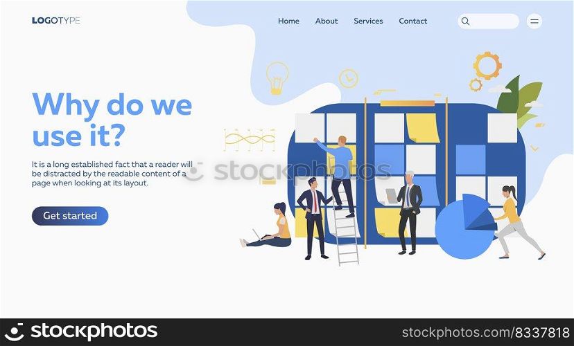 People sticking notes on board. Planning, graph, Kanban board, text s&le. Business concept. Vector illustration for presentation, landing pages, website homepages