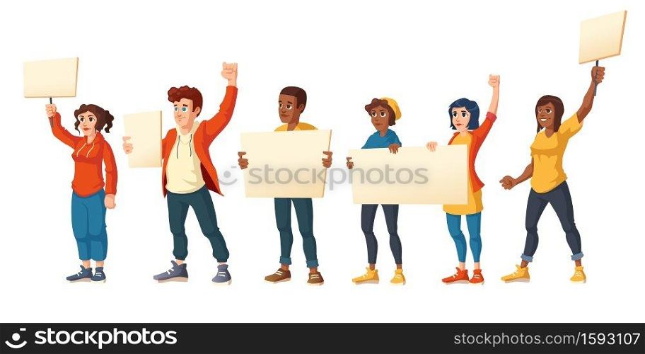 People strike, angry men and women with placards protest on rally demonstration. Characters holding blank banners fight for their rights, citizen protesting, riot, Cartoon vector illustration. People strike, angry men and women with placards
