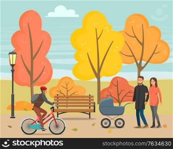 People strolling in autumn park. Family with kid in baby carriage walking together. Guy in helmet riding bicycle with backpack on his back. Trees with yellow leaves, bench in lawn. Fall weather vector. People Walking in Autumn Park with Kid or Bike