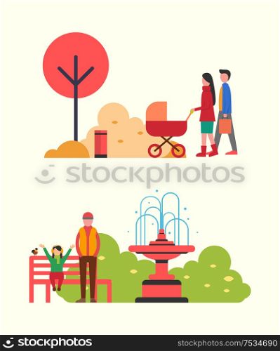 People strolling in autumn park, family with pram vector. Man and woman with newborn kid, father and daughter sitting on wooden bench by fountain. People Strolling in Autumn Park, Family with Pram