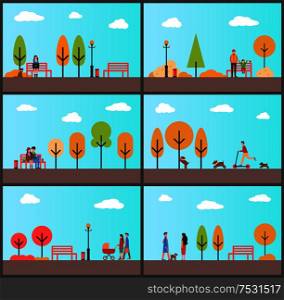 People strolling in autumn parks with sunny weather vector. Family with stroller and kid inside, couple sitting on bench. Fall season scenery nature. People Strolling in Autumn Park with Sunny Weather