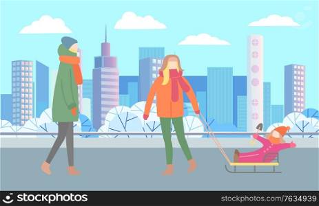 People strolling together on pathway in urban park. Winter walk of father and child. Man rides kid on sled. Beautiful landscape, cityscape of city on background. Vector illustration flat style. People Strolling in City Park Father with Children