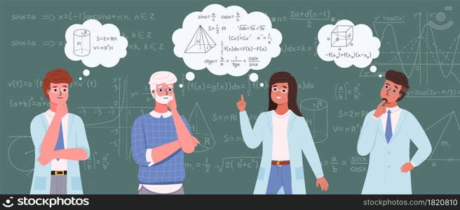 People study math. Scientists on blackboard background with mathematical formulas and schemes. Cartoon cute men and women thinking about solving algebra problem. Vector education and knowledge concept. People study math. Scientists on blackboard background with mathematical formulas and schemes. Cartoon men and women thinking about solving problem. Vector education and knowledge concept