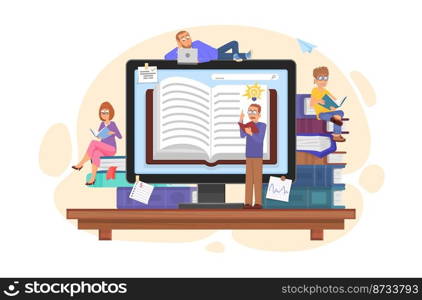 People study on online courses with books and laptop. Online library or education center, remote school, college and university. Cartoon adults reading vector of study training online illustration. People study on online courses with books and laptop. Online library or education center, remote school, college and university. Cartoon adults reading decent vector scene