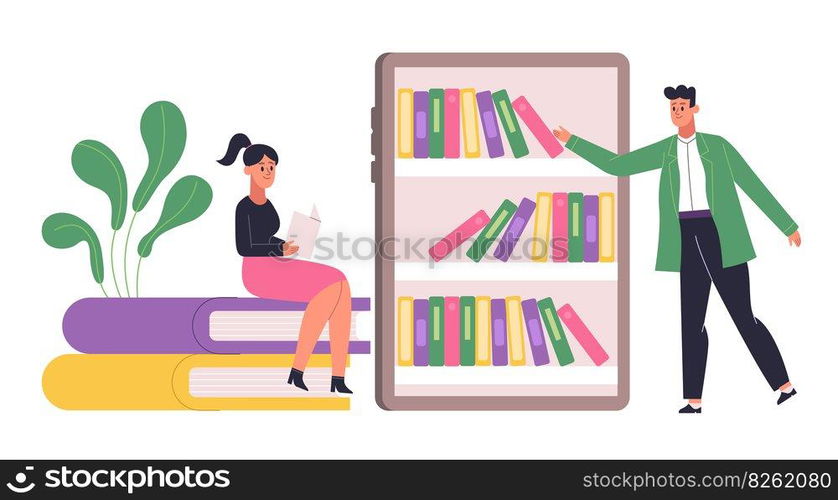 People studying and reading library books. Woman sitting on pile of textbooks. Cartoon boy using online application for learning. Getting knowledge from literature vector illustration. People studying and reading library books. Woman sitting on pile of textbooks. Cartoon boy using online application for learning