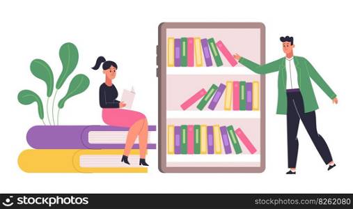 People studying and reading library books. Woman sitting on pile of textbooks. Cartoon boy using online application for learning. Getting knowledge from literature vector illustration. People studying and reading library books. Woman sitting on pile of textbooks. Cartoon boy using online application for learning